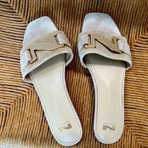 Nathan Baume slides. Neutral Suede with gold N size 38 leather soles